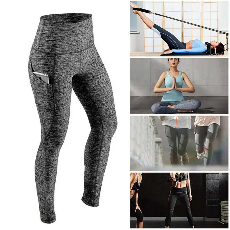 Elastische Workout-Yoga-Leggings für Frauen mit hoher Taille, Bauchkontrolle, geraffter Beute, mit Taschen, nahtlose Kompressionsstrumpfhose für das Fitnessstudio.