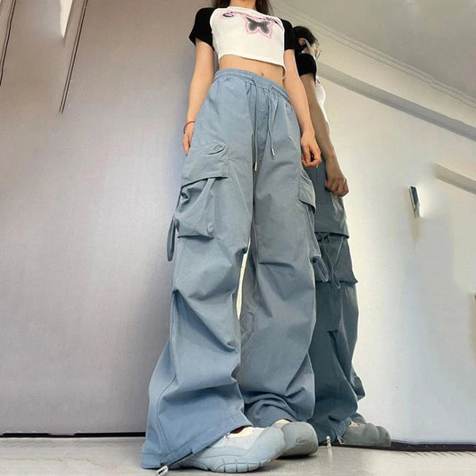 Frauen Y2K Cargo-Hose, hohe Taille, Streetwear, Hip-Hop-Stil, mit großen Taschen, lässig, niedrige Taille, Kordelzug, baggy Jogginghose.