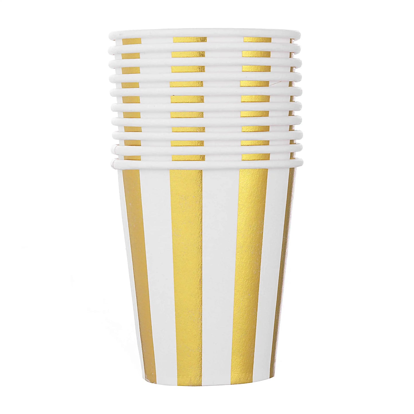 Pack of 10 golden paper cups – party tableware with polka dots and stripes, for birthday, decorations and events