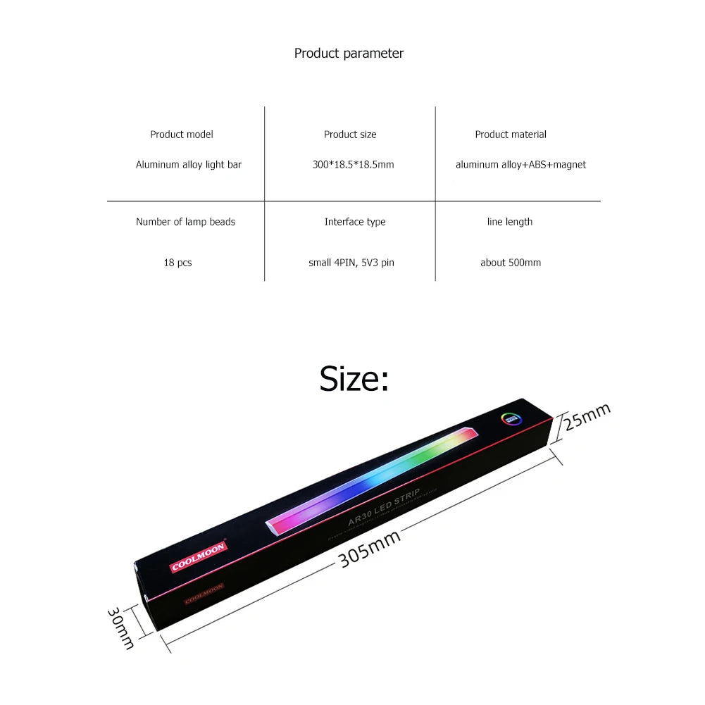 30 cm Aluminium RGB LED-Streifen für PC – Magnetisch, 5V/3PIN, 4PIN ARGB für Motherboard