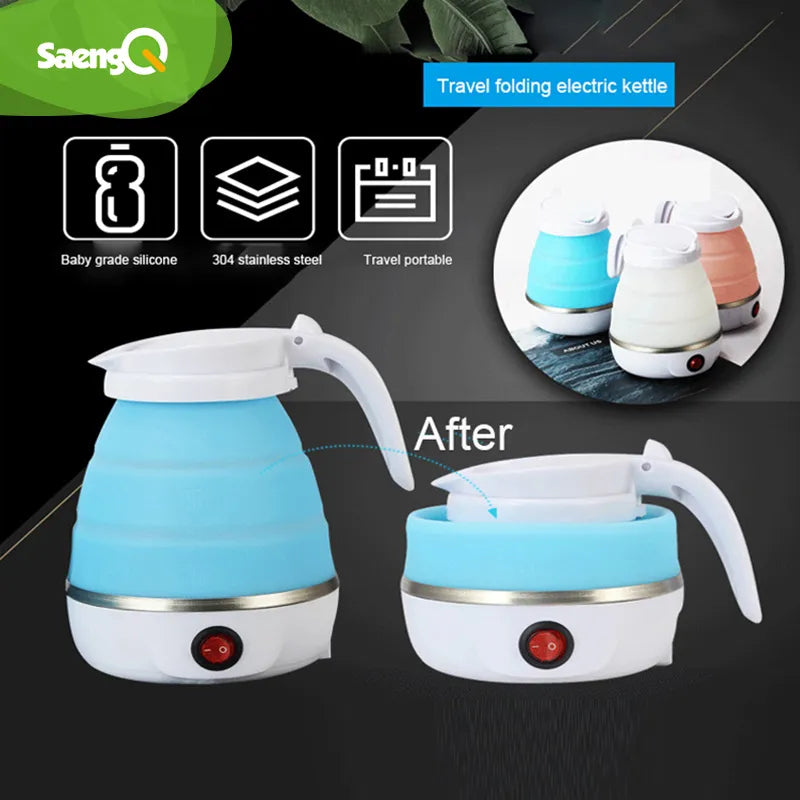 Saengq Travel Folding Kettle - Silicone &amp; 304 Stainless Steel, Portable, Compression Foldable, Leak-Proof, 600 ml