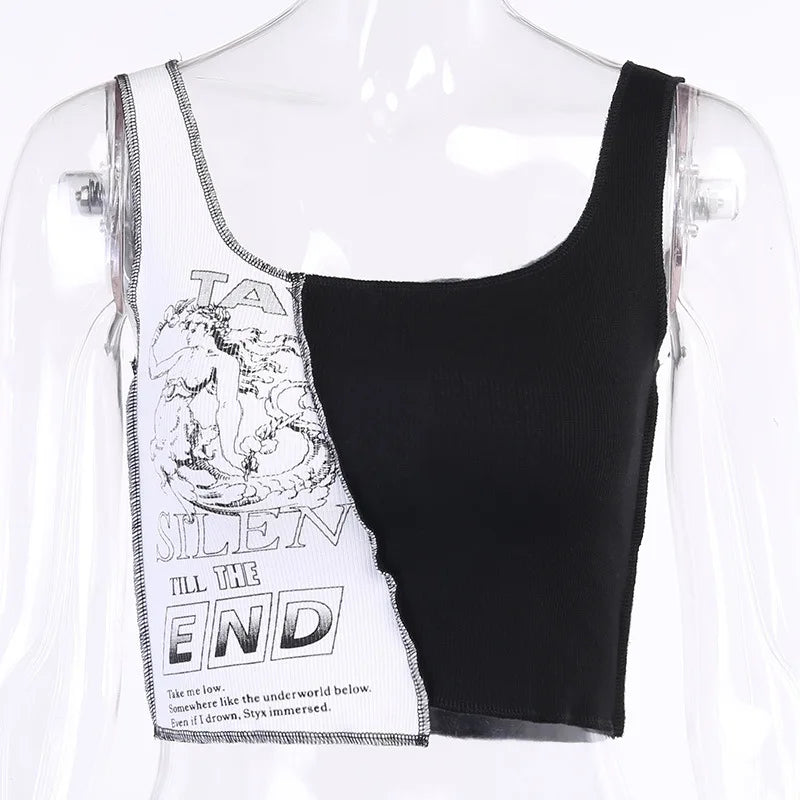 Punk-Stil Patchwork Tank Top – Ästhetischer Schriftzug und Grafikdruck, Farbblocking, ärmellos, Streetwear, Crop Top für Frauen