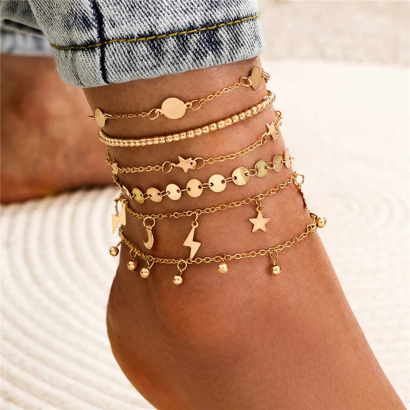 Modyle Punk Vintage Böhmisches Gold-Fußkettchen für Frauen und Mädchen – Schlüssel, Herz, Schmetterling, Bein- und Stiefeletten-Armband, Ideal als Strand-Schmuck