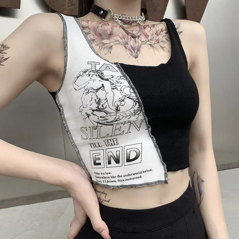 Punk-Stil Patchwork Tank Top – Ästhetischer Schriftzug und Grafikdruck, Farbblocking, ärmellos, Streetwear, Crop Top für Frauen