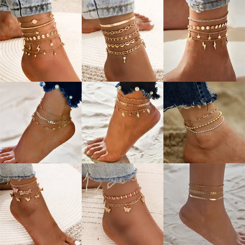 Modyle Punk Vintage Böhmisches Gold-Fußkettchen für Frauen und Mädchen – Schlüssel, Herz, Schmetterling, Bein- und Stiefeletten-Armband, Ideal als Strand-Schmuck