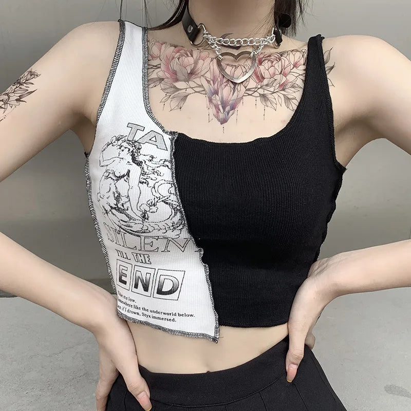 Punk-Stil Patchwork Tank Top – Ästhetischer Schriftzug und Grafikdruck, Farbblocking, ärmellos, Streetwear, Crop Top für Frauen