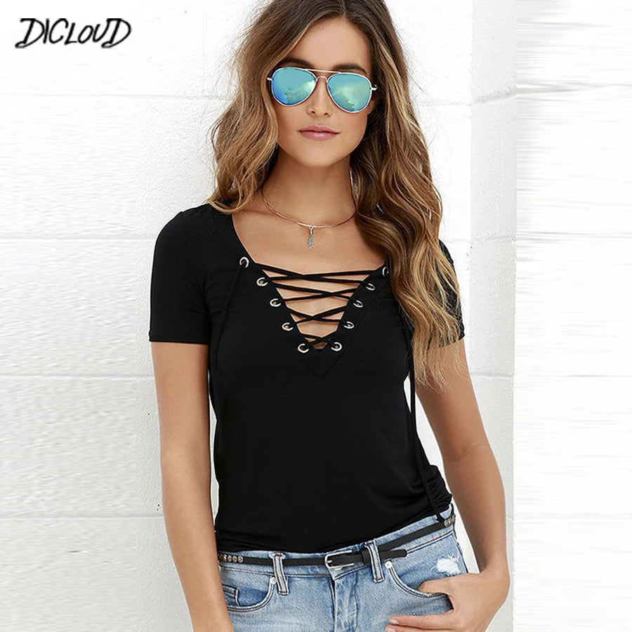 DICLOUD Fashion V-neck T-shirt – New Summer Women Tops, Black, Short Sleeve, Lace, Hollow Shirt