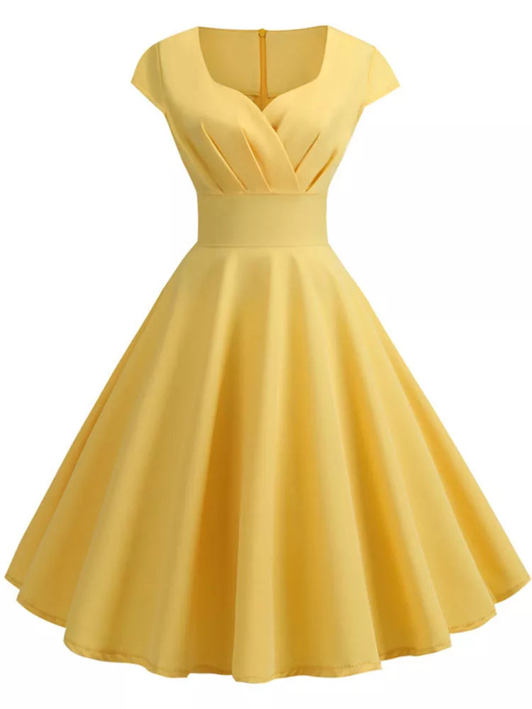 Rosa Sommerkleid für Frauen, V-Ausschnitt, Vintage-Robe, elegante Retro-Pin-Up-Party-Kleider, ideal für Büro und Freizeit, Midi-Länge..