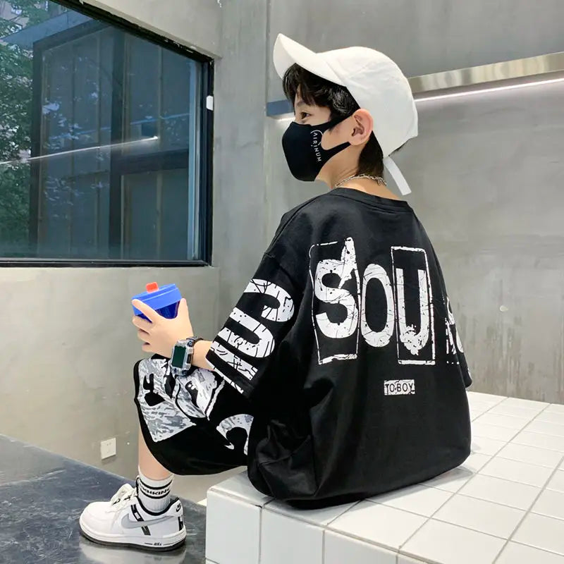 Summer Trendy Boys Sports Set – 2 Piece Outfit with T-Shirt and Pants, Hip Hop Style, 3-14 Years, Fashion Outfits for Teenagers