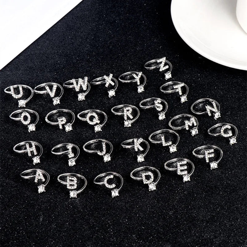 Zircon Letter Ring AZ for Women - Adjustable Metal Ring with Alphabet Design, Ideal as a Wedding Gift