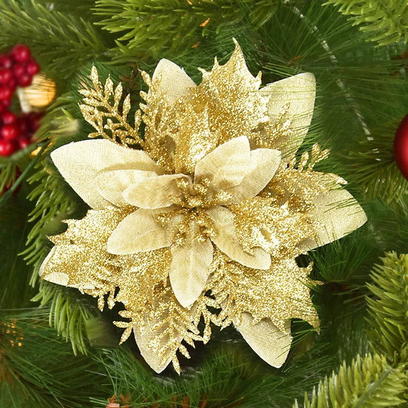 10/5Pcs 14cm Glitter Künstliche Weihnachten Blumen Weihnachten Baum Ornamente Frohe Weihnachten Dekorationen für Haus Neue Jahr geschenk Navidad