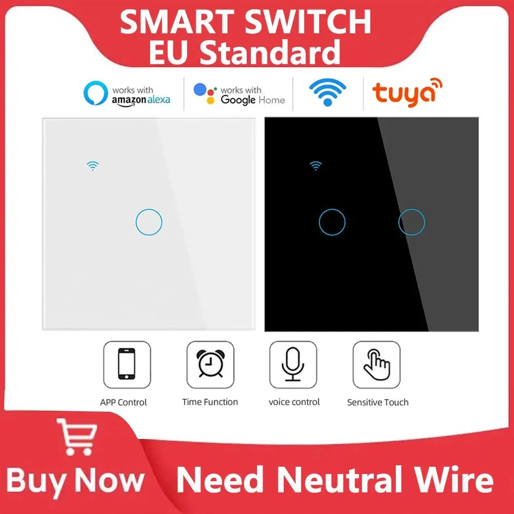 WiFi Smart Switch EU – Lichtwand-Touch-Schalter 220V, benötigt Neutralleiter, Tuya Smart Life, Kompatibel mit Alexa und Google Home, 1/2-Gang