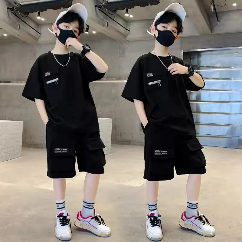 New Summer Sportswear for Boys – Loose 2-Piece Set, Short Sleeve Tops &amp; Shorts, Kids Fashion Outfit