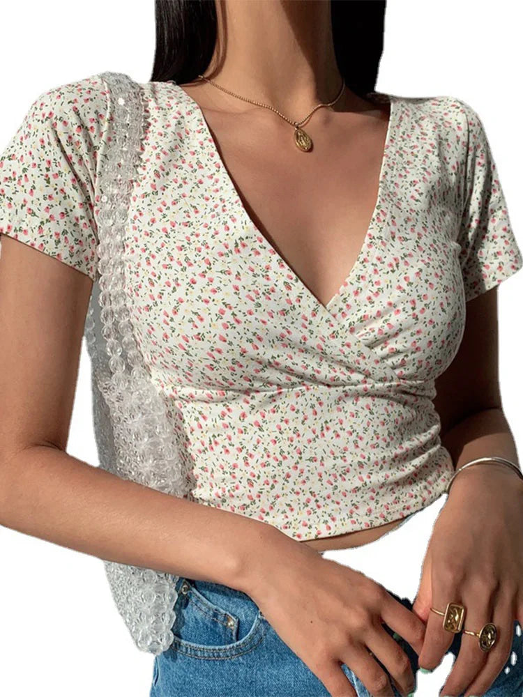 Sommer Französisch Retro-T-Shirt – Floral, V-Ausschnitt, kurzarm, schlank, hohe Taille, für Frauen