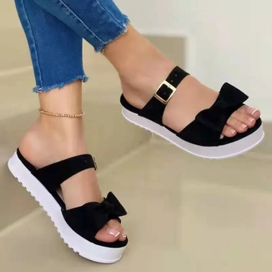 Hausschuhe für Frauen, Sommer, neue Mode, Bogen-Design, flache Plattform-Sandalen, offene Spitze, Flip-Flops, Outdoor, lässige Strand-Schuhe für Damen.