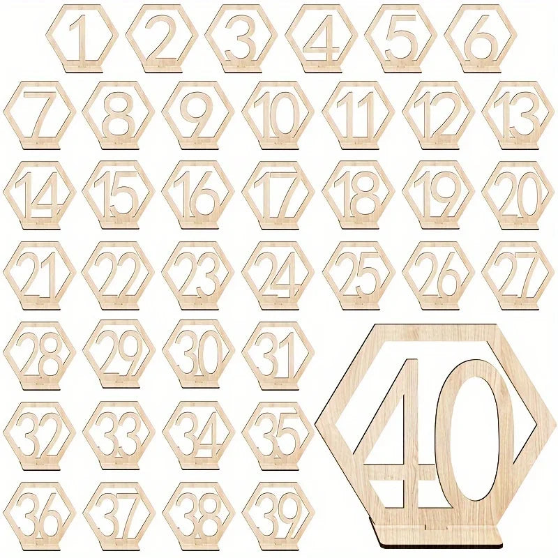 Pack of 10 wooden table number plates 1-40 – hexagonal, for bar, cafe, wedding, event, party