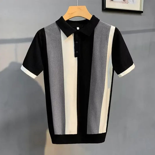 Sommer Herren Polo Shirt – Koreanische Vintage-Style, Gestreift mit Reißverschluss, Halbarm, Eis-Seide Strick, Lässiges T-Shirt