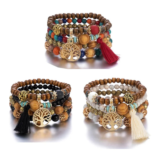 4 Piece Bohemian Bracelet Set - Tree of Life Charm, Tassels, Multilayer Beads, Leaf Pendant for Women