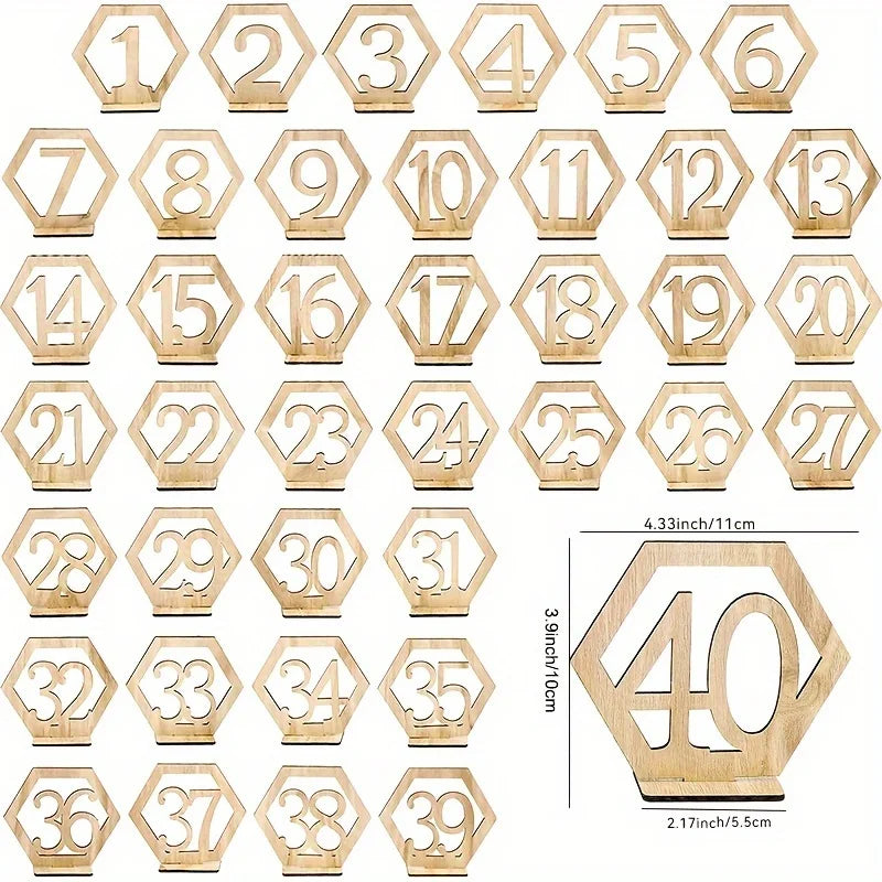 Pack of 10 wooden table number plates 1-40 – hexagonal, for bar, cafe, wedding, event, party