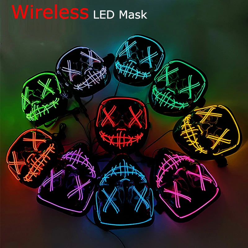 Drahtlose Neon LED Halloween-Maske – Leuchtende Horror-Maskerade für Party & Cosplay