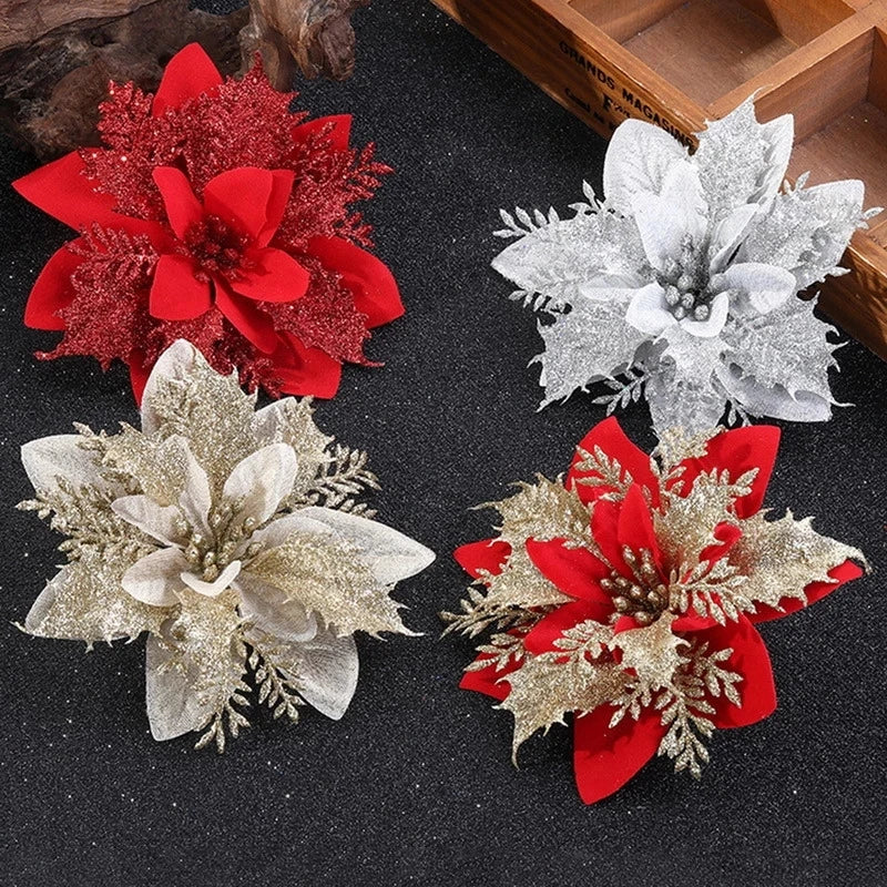 10/5Pcs 14cm Glitter Künstliche Weihnachten Blumen Weihnachten Baum Ornamente Frohe Weihnachten Dekorationen für Haus Neue Jahr geschenk Navidad