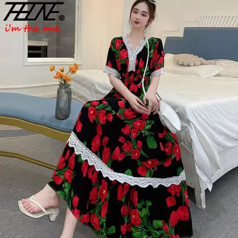 Maxikleid für Frauen, in Plusgrößen, im koreanischen Stil mit Blumenmuster, aus Baumwolle und Spitze, bohemian und indisch inspiriert..