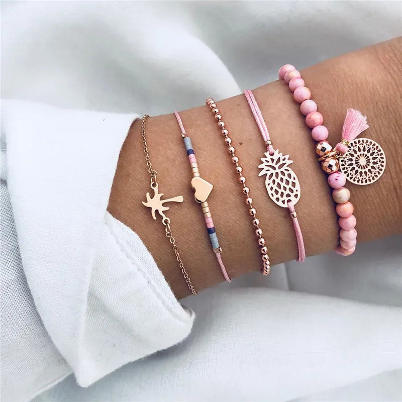 Vagzeb Boho Crystal Flower Beaded Bracelet Set for Women - Gold Tone Chains, Adjustable Bangles, Summer and Party Jewelry, Ideal as a Gift