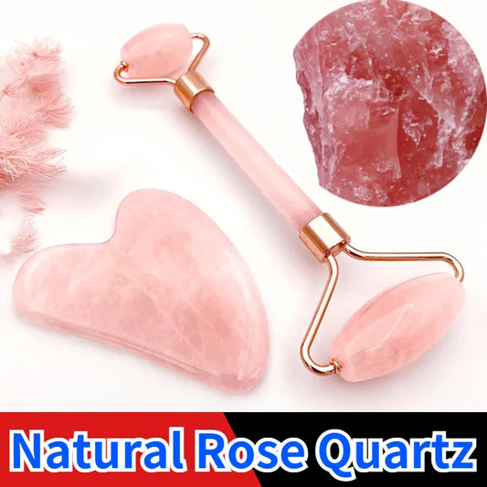 Rosenquarz Pulver Kristall Jade Roller – Massage Spa, rosa Gesichtsmassagegerät, Gua Sha Naturstein, Beauty Tool für Gesichtslifting