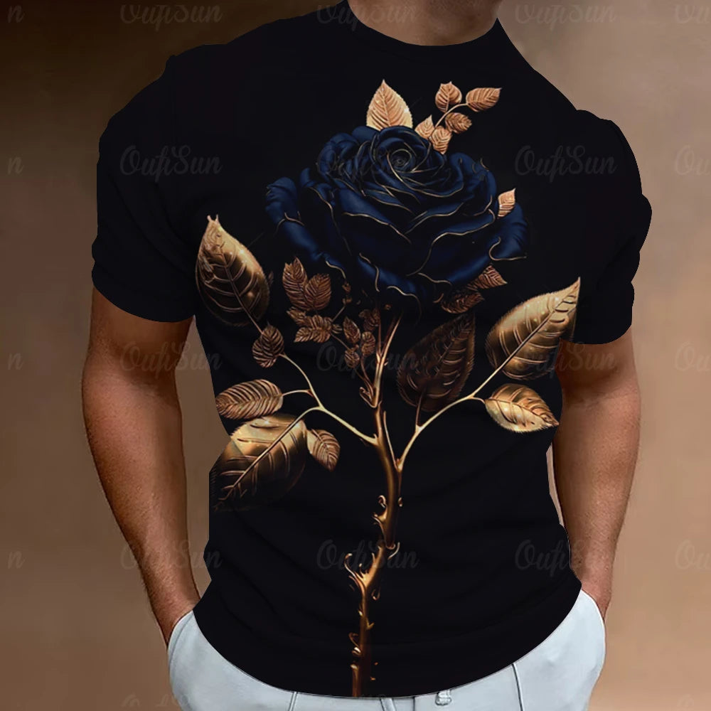 Oversized Herren T-Shirt mit 3D Blumenprint – Streetwear Kurzarm Rose Shirt