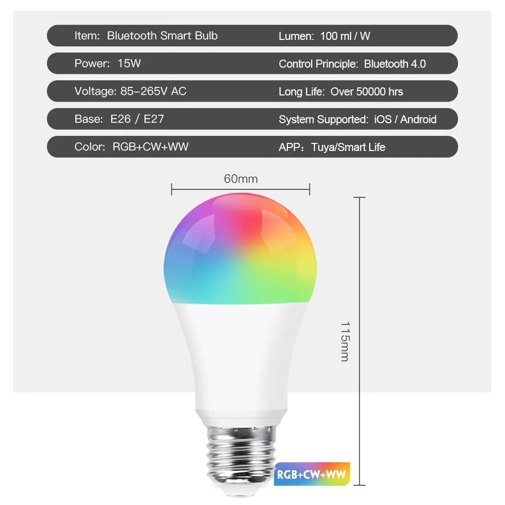 Bluetooth Smart LED-Lampe – Tuya Glühbirne 15W E27, Dimmbar, RGB CW WW Farbwechsel, 85-265V für Smart Home