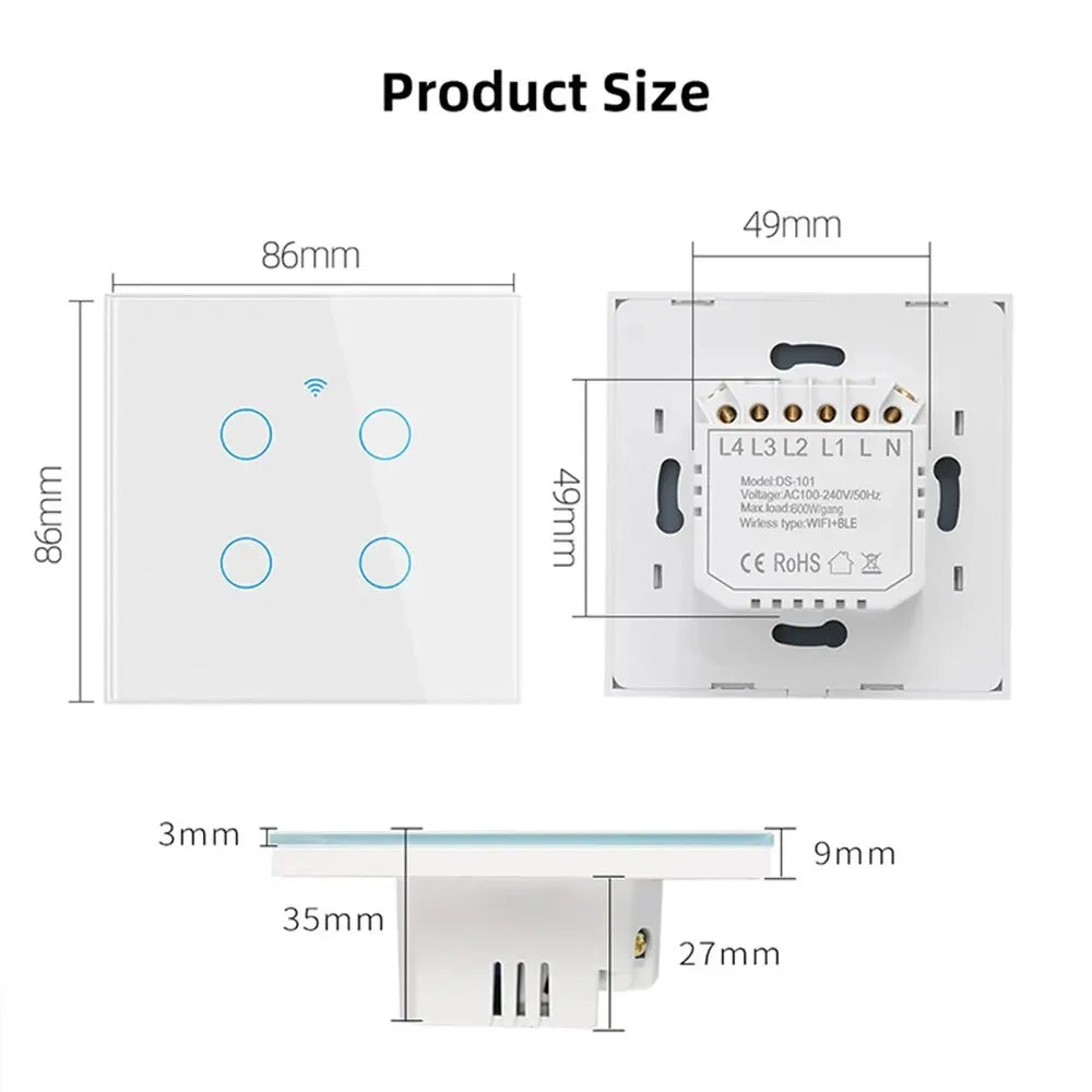 WiFi Smart Switch EU – Lichtwand-Touch-Schalter 220V, benötigt Neutralleiter, Tuya Smart Life, Kompatibel mit Alexa und Google Home, 1/2-Gang