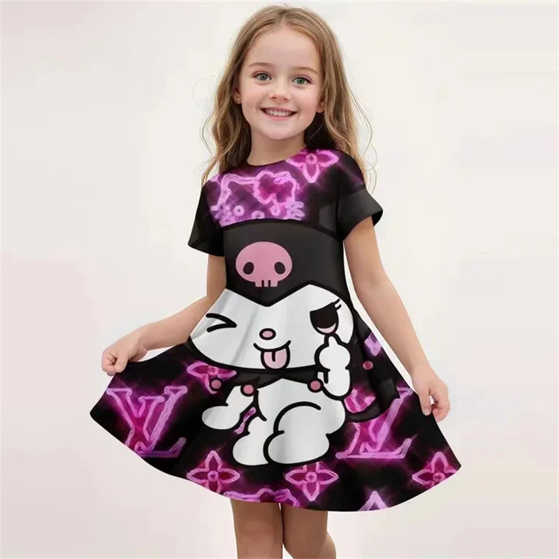 Miniso Kuromi 3D-Druck Mädchen Kurzarm-Kleid, Cartoon-Rock, Hochwertige Kinderkleidung, 4-14 Jahre