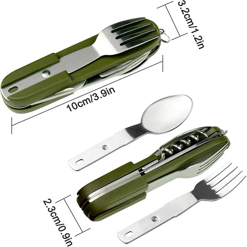 7-in-1 Multifunktionales Outdoor-Geschirr – Tragbares Edelstahl-Besteckset mit Messer, Gabel, Löffel und Flaschenöffner