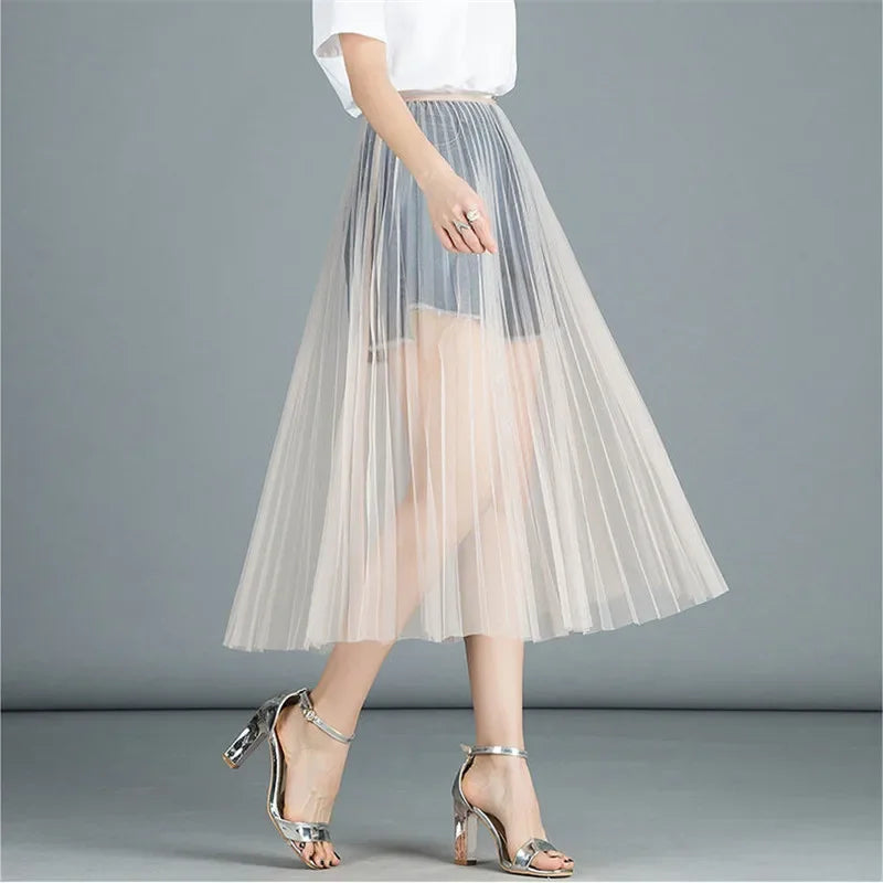 Women's Sexy Mesh Lace Skirt - Transparent, Long Tulle, Korean Fashion, Summer, High Waist, Black/White, Elastic, Beach Midi Skirt