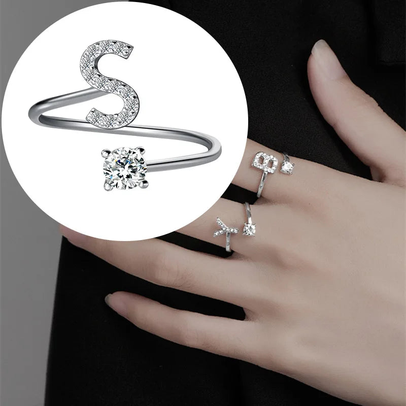 Zircon Letter Ring AZ for Women - Adjustable Metal Ring with Alphabet Design, Ideal as a Wedding Gift