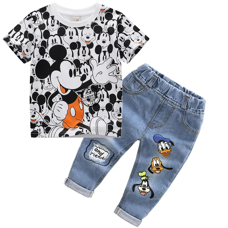 Summer Kids Clothing Set – Baby Girls &amp; Boys 2-Piece Outfit, Cartoon Minnie/Mickey Mouse T-Shirt &amp; Jeans Pants