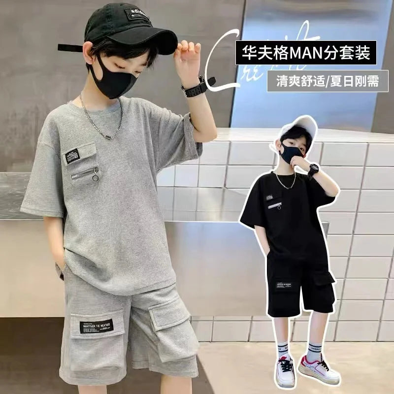 New Summer Sportswear for Boys – Loose 2-Piece Set, Short Sleeve Tops &amp; Shorts, Kids Fashion Outfit