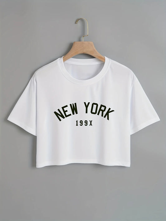 New York Print Crop T-Shirt – Lässiges Kurzarm-Top mit Rundhalsausschnitt, für Frühling und Sommer, Damenbekleidung