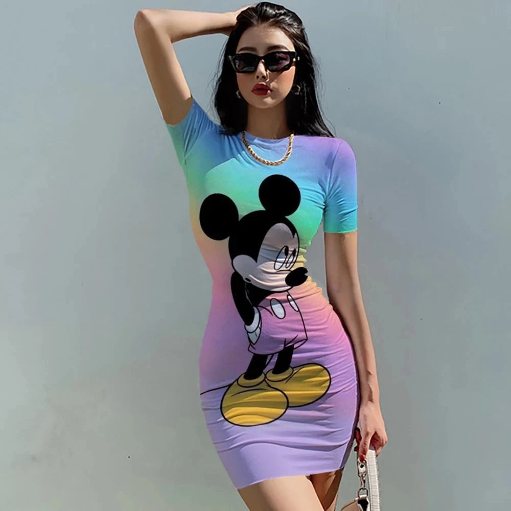 Disney Minnie und Mickey Maus Bogen-Druck, elegantes Bleistiftkleid für Frauen, einfache Scheide, Büro-Kleider für den Sommer, Kurzarm, lässig, Vestido.