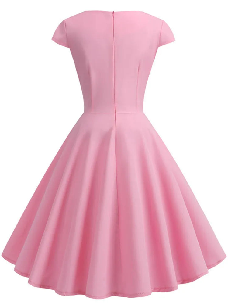 Rosa Sommerkleid für Frauen, V-Ausschnitt, Vintage-Robe, elegante Retro-Pin-Up-Party-Kleider, ideal für Büro und Freizeit, Midi-Länge..