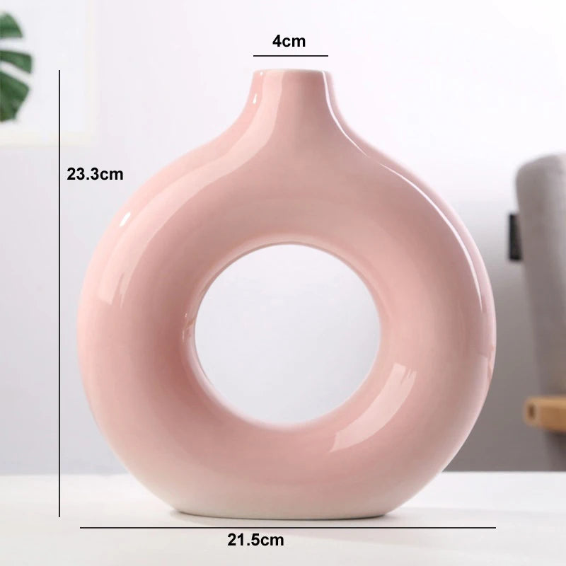 Nordische Keramikvase in Kreisform, Hohles Donut-Design, Dekoration für Wohnzimmer & Büro