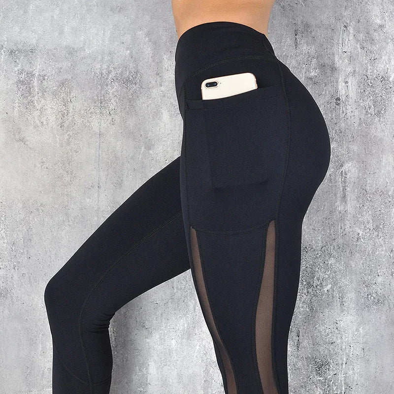 Pocket mesh leggings, stretchy fitness running pants, high waist yoga pants for women, sports gym leggings, workout leggings, fashion sportswear.