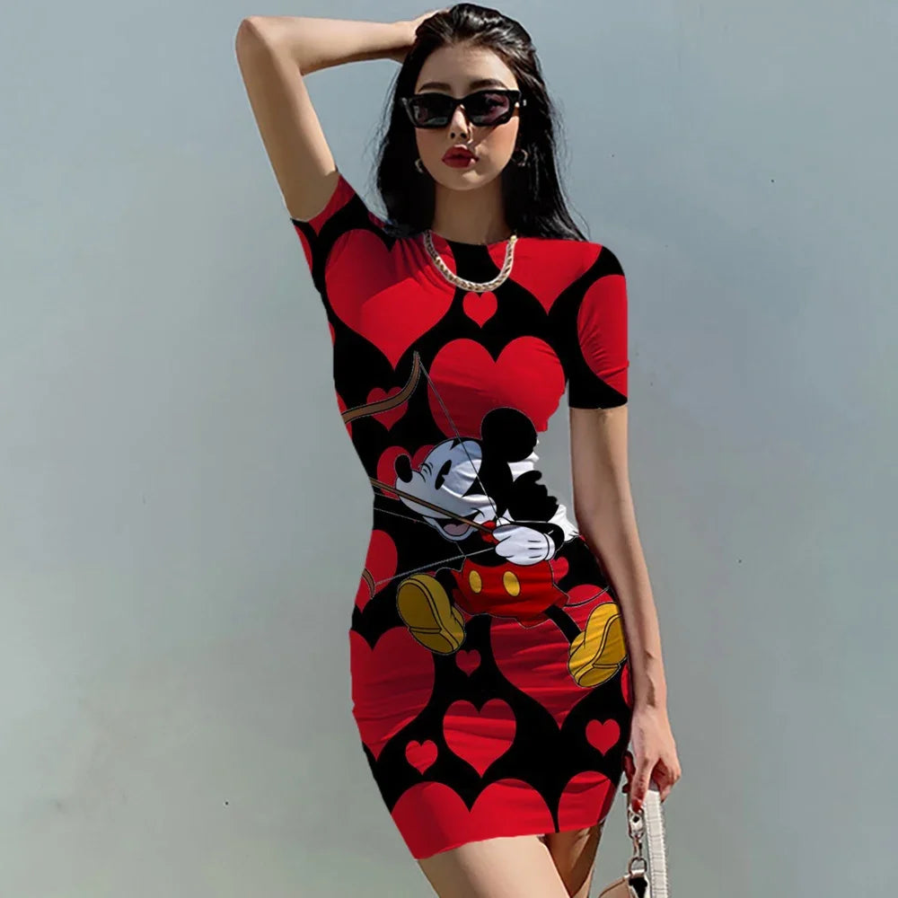 Disney Minnie und Mickey Maus Bogen-Druck, elegantes Bleistiftkleid für Frauen, einfache Scheide, Büro-Kleider für den Sommer, Kurzarm, lässig, Vestido.