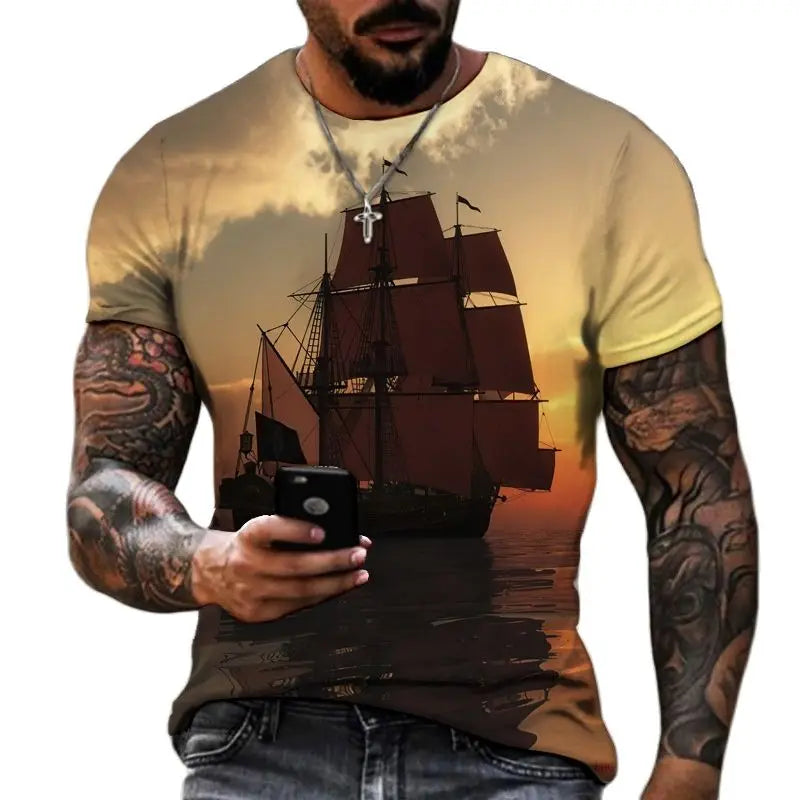 Vintage Herren T-Shirt – 3D Pirate Schiff Druck, Crew Neck, Kurzarm, Übergröße