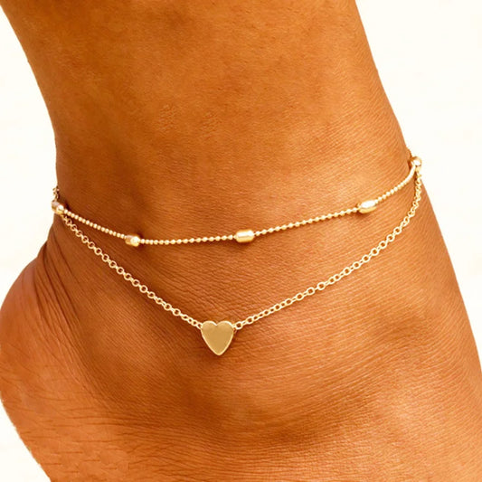 Böhmisches Gold-Fußkettchen mit Herz-Anhänger – Modisches Bein-Armband für Frauen, Ideal als Strand-Schmuck und Geschenk