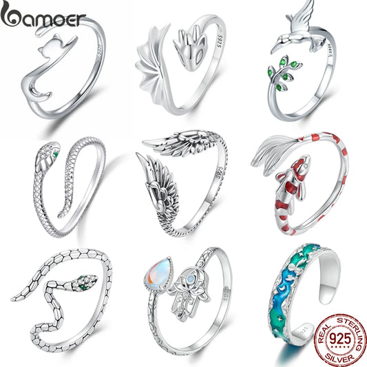 Bamoer 925 Sterling Silber Retro-Ringe – Iris, Koi, Schlange, Drache, Vogel, Verstellbar, Edel für Frauen, Ideal als Geburtstags- und Festgeschenk