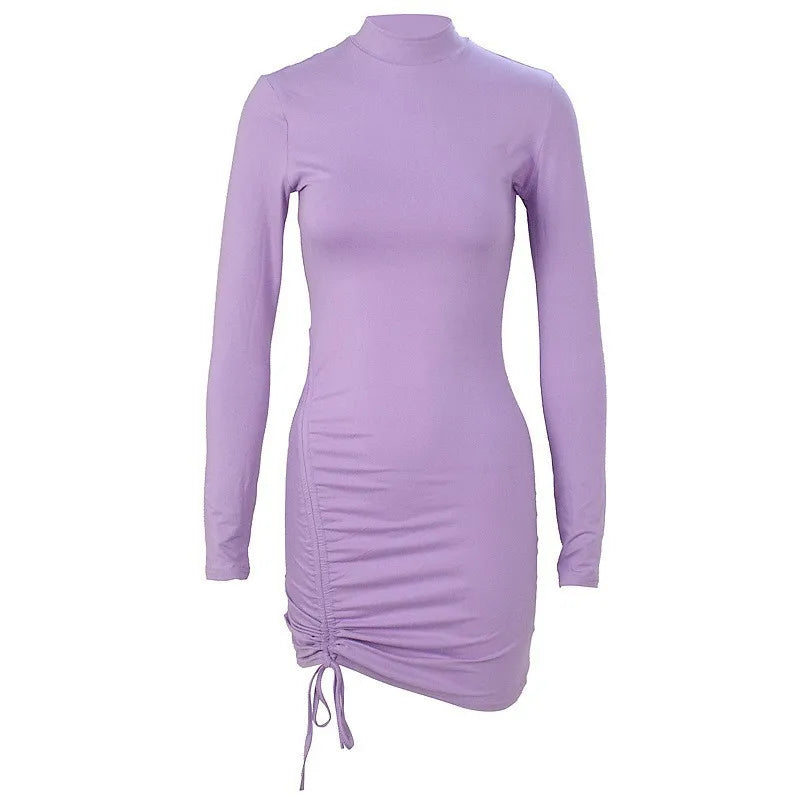 Elegantes Schnür-Kleid, solide, plissiert, Slim Fit, Party-Bodycon, sexy Mini-Kleider für Frauen, in lila und schwarz, Vestidos.