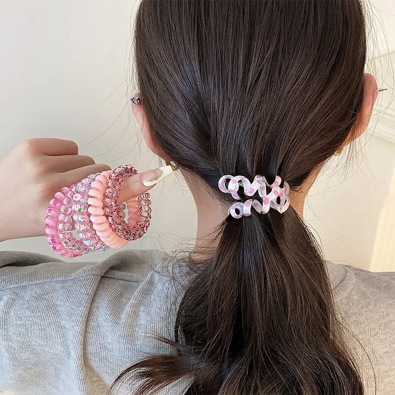 6 Pcs/Set Women Fashion Hair Bands - Telephone Wire Design Elastic Colorful Printed Spiral Cord Rubber Band Scrunchies Hair Accessories Gift