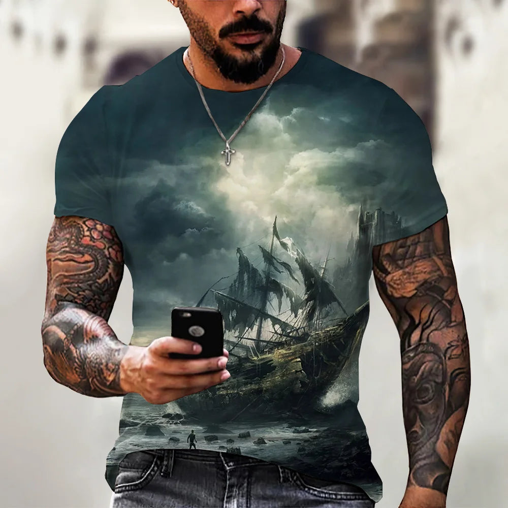 Vintage Herren T-Shirt – 3D Pirate Schiff Druck, Crew Neck, Kurzarm, Übergröße