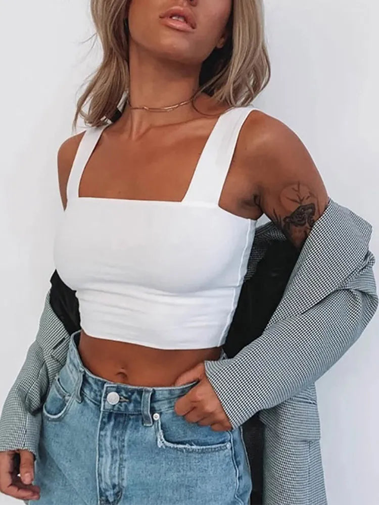 Ärmelloses Crop-Top mit quadratischem Ausschnitt – Sommer, weiß oder schwarz, für Frauen, casual, basic, sexy, rückenfrei